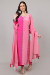 Elegante conjunto de traje Palazzo de 3 piezas para mujer, 3 tonos de rosa con cuentas, trabajo con hilo de lentejuelas, estilo tradicional con estilo. - Product Image 1