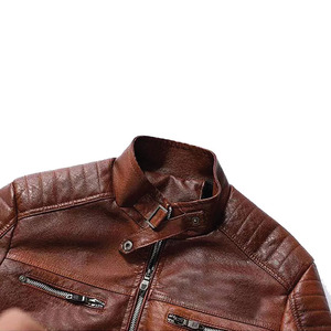 Men's <b>Brown</b> Genuine <b>Leather</b> Moto Biker <b>Jacket</b> Stand Collar Zipper Closure Slim Fit Winter Waterproof Breathable - Product Image 6