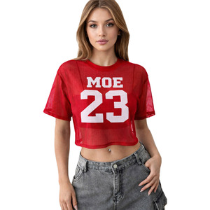 Custom Red American Football Jersey Women See Through <b>Mesh</b> Crop <b>Top</b> Short Sleeve Crewneck Cheerleader Streetwear Sports Shirts - Product Image 5