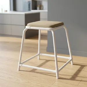 Tabouret en métal minimaliste moderne avec assise en tissu, cadre blanc, coussin vert, meubles de salon, utilisation en appartement - Product Image 4