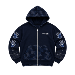 Heavyweight Cotton Men's <b>Zip</b> Up <b>Hoodies</b> Custom Camo Hood & <b>Pocket</b> OEM Gothic Graphic Print Wholesale Premium Fleece Winterwear - Product Image 3