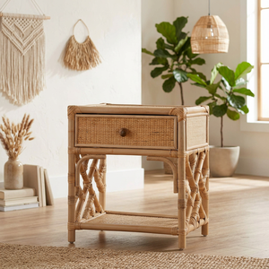 Rattan Nightstand With One Drawer Natural Wood Storage Bedroom Furniture Coastal Modern Design - Product Image 3