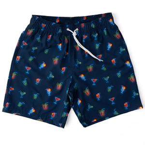 Short de bain décontracté pour homme, bleu marine, imprimé cocktail, séchage rapide, avec cordon de serrage - Product Image 1