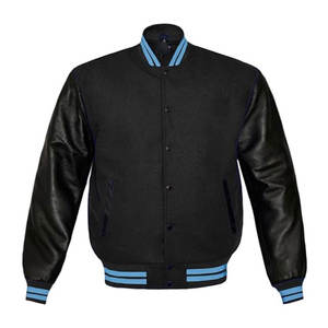 Veste universitaire noire et bleue pour homme, personnalisable avec manches en cuir, style Letterman, veste bomber de baseball, streetwear, uniforme d'équipe, vente en gros - Product Image 5