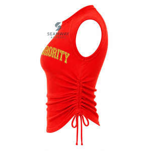 NSPDK Sorority Women's <b>Red</b> Bling Rhinestone Ribbed Tank <b>Top</b> Ruched Side Crew Neck Raglan Cap Sleeve Casual <b>Crop</b> <b>Top</b> - Product Image 3