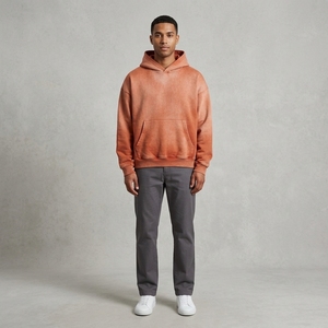 Sweat-shirt à capuche surdimensionné en coton molletonné pour homme, couleur orange délavée, avec poche kangourou, streetwear personnalisé - Product Image 6