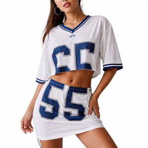 Women Mesh American Football Jersey Two Piece Set Crop <b>Top</b> Mini Skirt Rhinestone Number Breathable Polyester Sportswear T shirt - Product Image 6