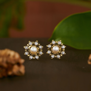 Vintage Gold Plated Brass Stud Earrings with Zircon and Pearl - Product Image 3