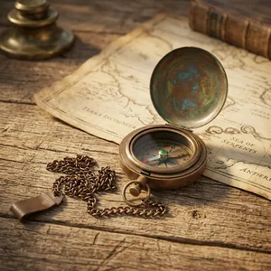 Antique Brass <b>Compass</b> with <b>Chain</b> Round Rustic Design Home Decor for Indoor Tabletop Use Durable Solid Metal Construction - Product Image 1
