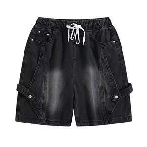 Shorts de mezclilla casuales de verano para jóvenes, diseño de cinco puntos de estilo industrial desestructurado, bordado ligero, elástico y ecológico. - Product Image 1