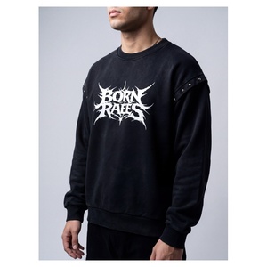 Sudadera negra gruesa con estampado gráfico de Bornraees y detalles de hombros con tachuelas para un estilo urbano atrevido. - Product Image 1