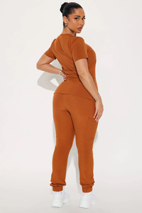 Women's Rust Color Knitted <b>Scrub</b> <b>Set</b> With Short Sleeve Top And Jogger Pants For Hospital Uniforms - Product Image 2