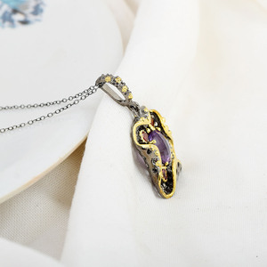 Collar de Plata de Ley 925 con Baño de Oro y Rodio Negro, Diseño con Dije de Amatista y Granate, Joyería Fina para Mujer - Product Image 3