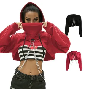 Wholesale high quality street fashion sexy ladies loose crop tops with iron chains face cover long sleeve crapped hoodie gym