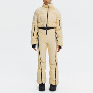 Custom <b>Women</b> Cream Beige One Piece Ski Suit Puffed Chest Quilted Black Belt Waist <b>Snowsuit</b> <b>Women</b> Slim Fit Jumpsuit Waterproof - Product Image 3