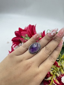 Natural Amethyst Oval <b>Statement</b> <b>Ring</b> Brass 925 Silver Plated Handmade Big Gemstone <b>Ring</b> for Women Wholesale - Product Image 1