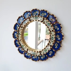 Decorative Blue Floral Shape Edge Round Mirror With Glass Panel <b>Frame</b> Ideal For Home Styling And Festive Gifting Use From India - Product Image 2