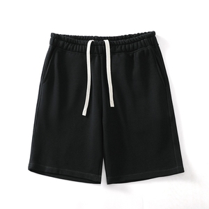 Shorts Bermuda en Coton Noir pour Homme, Taille Élastiquée avec Cordon, Couleur Unie, Tricoté, Sport Décontracté, Taille Mi-Haute, Respirant, Idéal pour l'Entraînement - Product Image 1