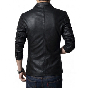 Men Black <b>Leather</b> <b>Blazer</b> Notched Collar Single Breasted Regular Fit Full Length Sleeve British Style <b>Jacket</b> - Product Image 2
