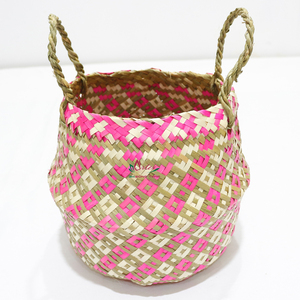 Hand-Woven Folding Palm Leaf Baskets with Handles Pink and Natural Color Round Shape Modern Design <b>Toys</b> Organizer - Product Image 5