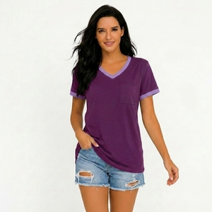 T-shirt pour femmes de qualité supérieure, col en V, coton élégant, confortable, léger, mode décontractée pour tous les jours - Product Image 1