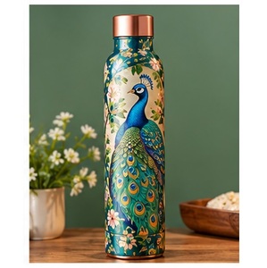 Botella de Agua de Cobre con Diseño Artístico de Aves y Flores Turquesas, Portátil para Viajes, con Tapa de Cobre y Patrón Azul Claro - Product Image 3