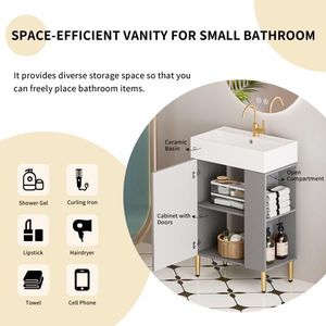21.6\" Open Shelf Bathroom Vanity with Soft Closing Door & Ceramic Sink Cloakroom Storage Cabinet on Right - Product Image 2