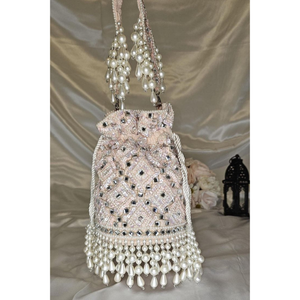 Sac de soirée élégant fait main en perles et cristaux pour femme, sac à bandoulière de mariage et de fête avec cordon de serrage - Product Image 3
