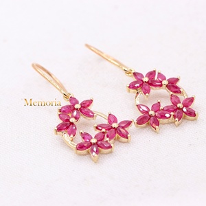 Boucles d'oreilles pendantes en rubis naturel, or jaune massif 14 carats, bijoux floraux faits à la main, bijoux fins pour femmes, cadeau de mariage - Product Image 6