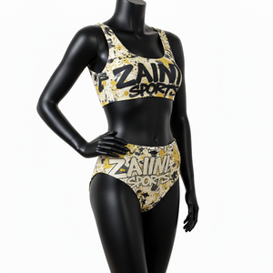 ชุดว่ายน้ำวันพีซสำหรับผู้หญิง ผ้าโพลีเอสเตอร์ผสมสแปนเด็กซ์ ยืดหยุ่นได้ สีเบจทอง พิมพ์ลายโลโก้ทั่วตัว ชุดชายหาดสำหรับผู้หญิง - Product Image 4