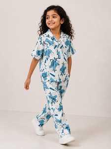 Ensemble coordonné pour filles, vêtements pour enfants, imprimé abstrait, comprenant une chemise à manches courtes à col et boutons et un pantalon long assorti - Product Image 3