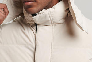 Men's Beige Cotton <b>Puffer</b> <b>Jacket</b> with <b>Hood</b> Stand Collar Zipper Closure Casual Winter Coat Thick Windproof <b>Long</b> Front Regular Fit - Product Image 4