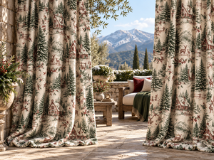 Rideaux d'hiver à motifs scéniques, beige, avec motifs de sapins de Noël et de chalets, occultants thermiques, style champêtre - Product Image 1