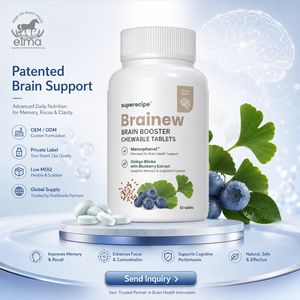 Comprimés à croquer Elma Food Brainew Ginkgo Biloba pour le soutien de la mémoire, certifiés Halal, GMP, HACCP, améliorent la mémoire, le sommeil, la concentration et la clarté. - Product Image 1