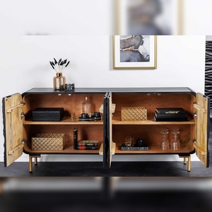 Vandana Heritage Order Modern Eco-Friendly Sideboard WAVE 160cm Black mango Wood Solid Wood Kitchen Matt <b>Gold</b> Metal <b>Legs</b> - Product Image 3