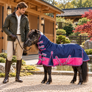 Couverture imperméable et respirante pour cheval miniature 1200D |   Couverture de cheval intégrale en ripstop bleu marine et rose - Product Image 3