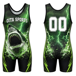 Men Green Black Sublimated Wrestling Singlet Polyester Wrestling Apparel <b>Athletic</b> Competition Training Match Uniform - Product Image 1