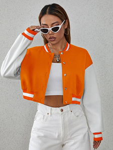 Orange <b>White</b> Contrast Baseball Jacket Full Sleeve Short Length <b>Button</b> Closure Women's Crop Top Jacket - Product Image 2