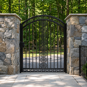 Black Wrought Iron <b>Pool</b> Gate Decorative Arched Pedestrian Gate with Geometric Medallion for Garden Villa Security - Product Image 1