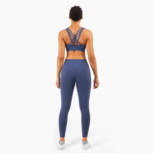 Custom Women's Yoga Set Seamless Crisscross Back Sports <b>Bra</b> High Waist Full Length Leggings and Crop top 2 Piece <b>Blue</b> Activewear - Product Image 3