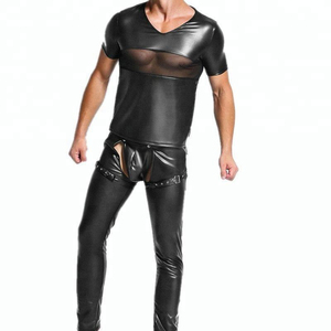 Men's Black Faux Leather V-Neck Short Sleeve T-<b>Shirt</b> With Mesh Panel <b>Gothic</b> Style Casual <b>Shirt</b> Summer Wear - Product Image 5