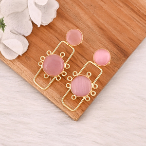 Elegant Pink <b>Cat's</b> Eye Gemstone <b>Earrings</b> Gold Plated Brass Fashion Jewelry for Women - Product Image 3