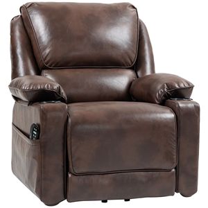 Poltrona Reclinabile Elettrica con Sollevamento Manuale per Anziani, in Ecopelle Marrone, con Massaggio a Vibrazione, Riscaldamento, Telecomando, Tasche Laterali e Telaio in Metallo - Product Image 1