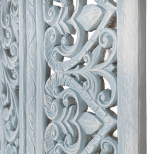 Cabecero de Cama King Size con Mandala Tallado en Madera, Decoración Floral, Acabado Azul Cielo, Juego de 3 Piezas de Arte Mural en Madera - Product Image 6