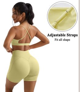 Conjunto de Yoga sin Costuras de 2 Piezas, Top Corto de Cintura Alta y Pantalones Cortos, Color Sólido, Espalda Cruzada, Ropa Deportiva para Mujer - Product Image 3