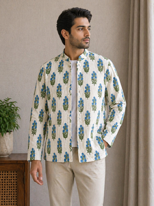 Unisex Winter Quilted Floral Buta Hand Block Printed <b>Mandarin</b> <b>Collar</b> Full Sleeve Breathable Ethnic <b>Jacket</b> Pure Indian Cotton - Product Image 2