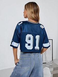 T-shirts pour femmes, T-shirts graphiques numérotés, T-shirts streetwear hip-hop à col en V, manches courtes, crop top en maille, coupe ample - Product Image 2
