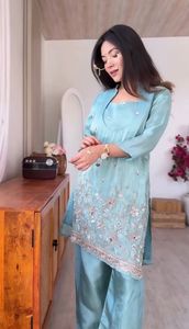 Women Glass Roman Fabric <b>Kurti</b> Pant Set with Embroidery Sequence Work Trendy Ethnic Outfit for Festive and Casual Wear - Product Image 6