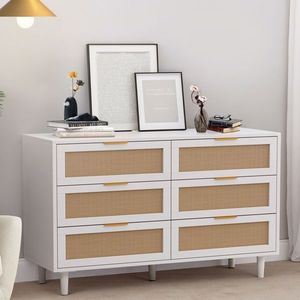 51.18\" <b>White</b> Rattan <b>Storage</b> <b>Cabinet</b> with 6 Drawers for Bedroom & Living Room - Product Image 1