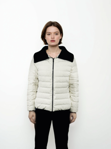 Doudoune blanche en duvet avec col noir, coupe classique, fermeture éclair, style décontracté unisexe pour l'hiver - Product Image 5